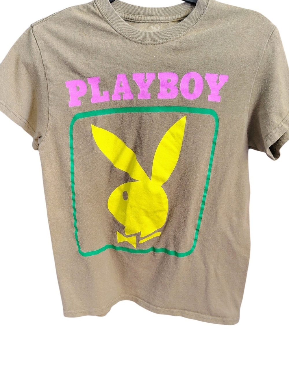 PLAYBOY Y2K Khaki Tee with Pink Logo and Yellow Bunny Size Small